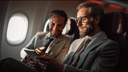 Two business professionals enjoying in-flight entertainment on a plane while traveling to their destination.