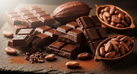 Cocoa Beans and Chocolate Bars in Warm Light