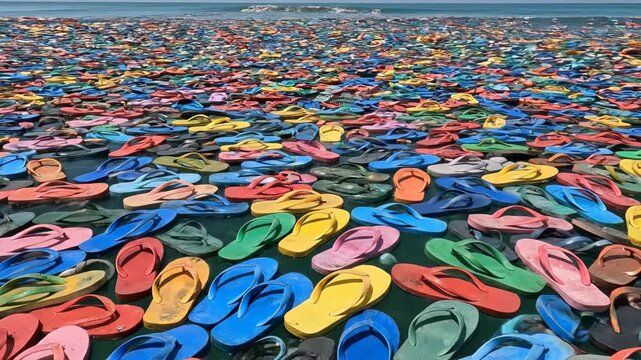 Colorful Flip Flops Littering Ocean Surface in Bright Sunlight