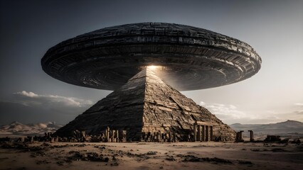 A giant circular UFO hovers above a pyramid and ancient ruins in a desert. Concept Desert Sci-Fi, Giant UFO, Pyramid and Ruins, Otherworldly Encounter, Dramatic Sky