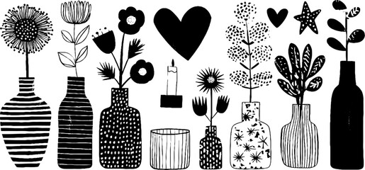 Romantic black and white floral set with candle, heart, moon, and star motifs for design