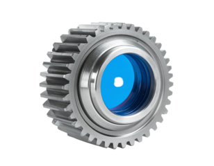 Metallic gear with a blue inner hub, detailed teeth, isolated on black