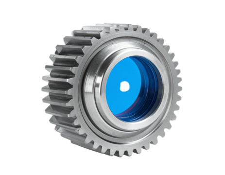Metallic gear with a blue inner hub, detailed teeth, isolated on black