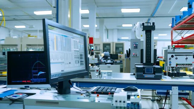 A computer monitor displaying complex data in a modern industrial workshop. The workspace is equipped for production and technical analysis, showcasing advanced technology.