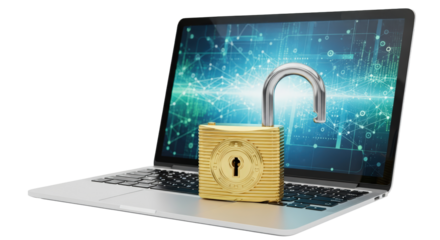Open padlock securing laptop with digital abstract background representing data protection isolated on transparent background
