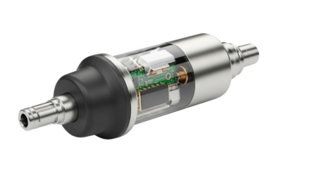 Industrial fuel filter unit with metal fittings and transparent casing showing internal components isolated on transparent background