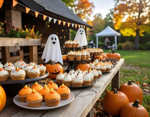 A delightful Halloween spread featuring an abundance of festive cupcakes and pumpkins, set outdoors amidst autumn foliage.