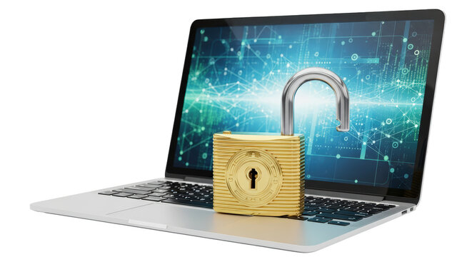 Open padlock securing laptop with digital abstract background representing data protection isolated on transparent background