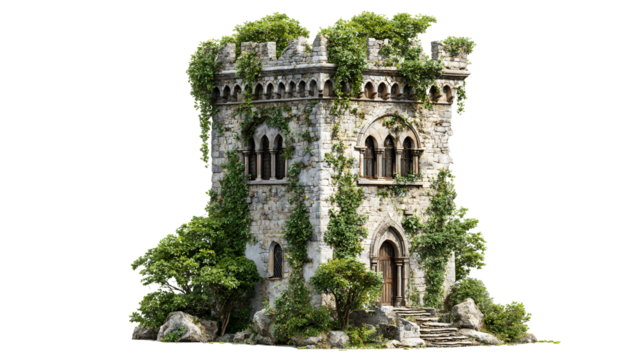 Medieval stone watchtower with arched windows and ivy for historical design