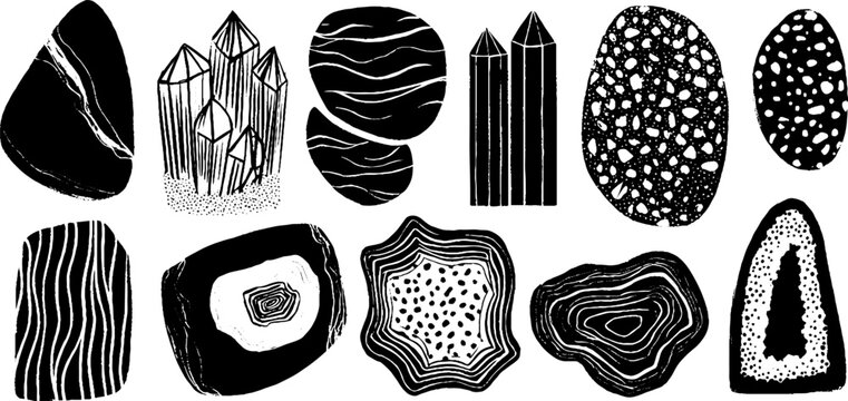 Collection of stones and minerals featuring crystals, pebbles, mica, and amethyst for artistic design