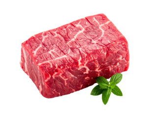 Raw, marbled beef cut with leafy herb sprig on black backdrop