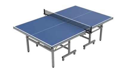 Blue ping pong table with net set up for indoor table tennis game play isolated on transparent background