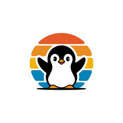 Cute penguin with retro sunset logo design
