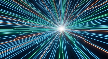 Fototapeta premium Abstract glowing cyber flow of neon circuit lines moving rapidly, representing futuristic data networks in high definition