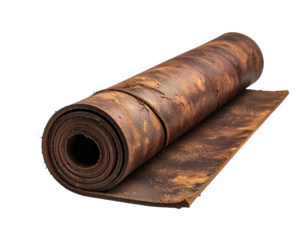 Rolled, aged, brown, textured leather, partially unrolled, with visible grain and imperfections