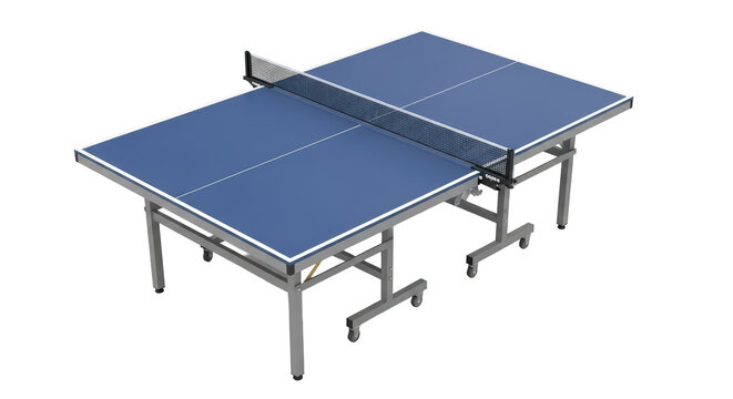 Blue ping pong table with net set up for indoor table tennis game play isolated on transparent background
