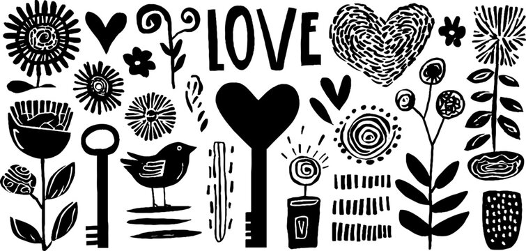 Charming valentine's day elements set: hearts, keys, birds, and flowers for romantic designs