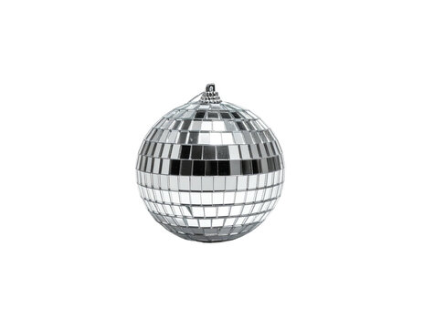 Shimmering sphere of reflective squares hangs against a stark, black backdrop - Powered by Adobe