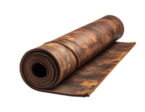 Rolled, aged, brown, textured leather, partially unrolled, with visible grain and imperfections