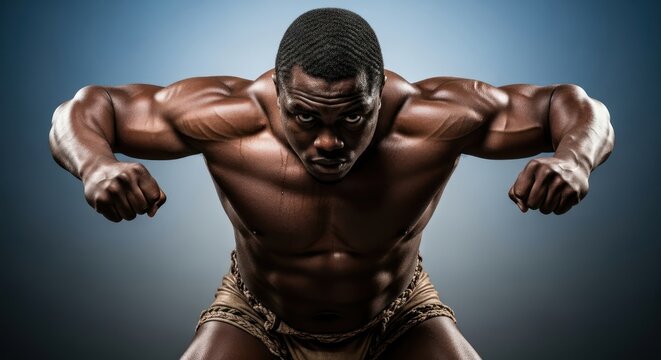 Intense Focus Portrait: Powerful African American Bodybuilder Ready to Compete