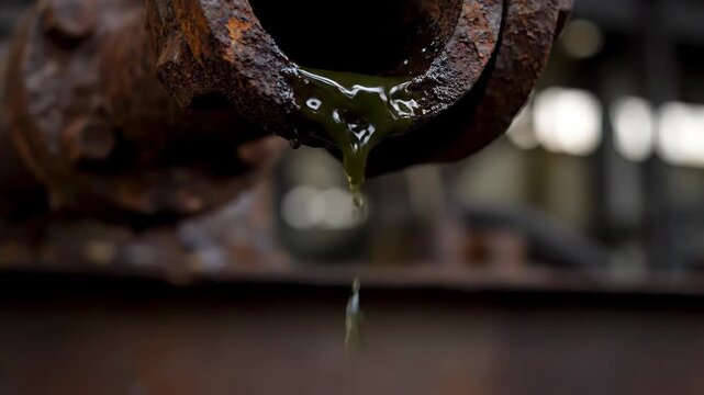 Rusty Pipe Dripping Green Liquid in an Industrial Environment