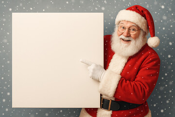 Santa claus pointing at blank sign banner with happy face in winter snow background copy space for christmas holiday message advertisement