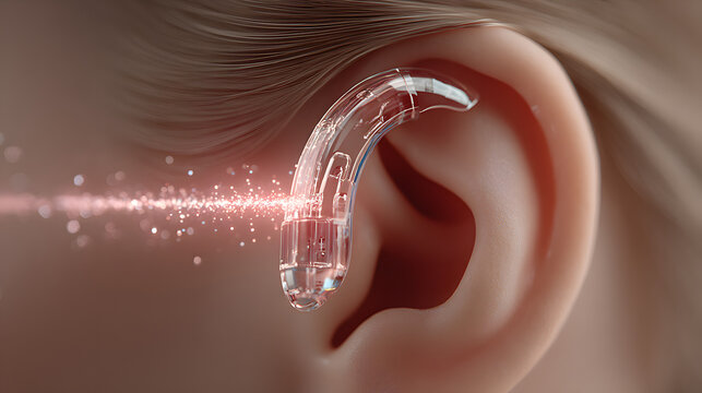 Transparent hearing aid on a pink ear. Modern deaf tech with sound wave. Solution for hearing impairment and deafness.