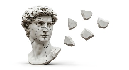 Broken david statue bust with cracks and floating pieces on a white background