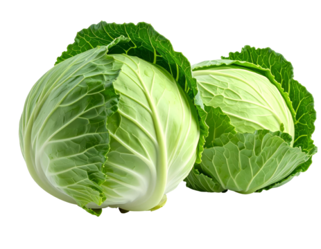 Two fresh, green cabbages sit side-by-side against a black background