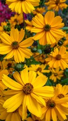 Close-up of bright yellow flowers with dark centers, vibrant, natural, and in full bloom