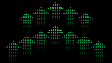 Set of halftone style green arrows pointing upwards on a black background, symbolizing growth, progress and improvement of the digital economy.