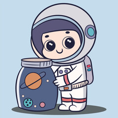 Cute Astronaut with Jar of Galaxy Space Cartoon Vector Illustration