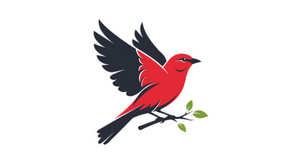 Obraz premium Red bird with dark wings perched on a small branch with green leaves, against a white background.