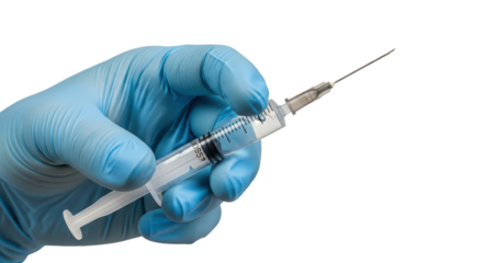 Close up of medical professional's hand wearing blue glove holding hypodermic syringe with clear liquid isolated on transparent background