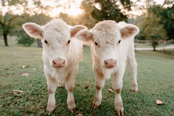 Two Adorable Baby Cows Graze Together on the Green Grass of a Farm
