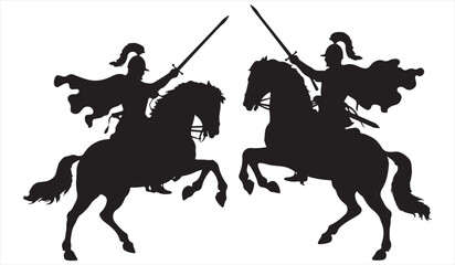 Heroic Warrior Riding Horse in Battle Pose Black Illustration
