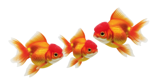 Three vibrant orange goldfish swimming gracefully together in clear water on a dark backdrop isolated on transparent background