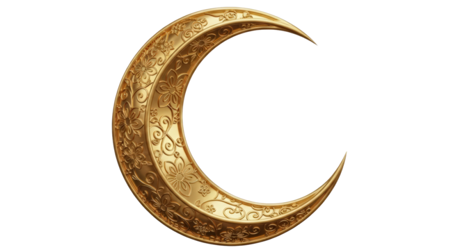 Golden crescent moon with ornate textured surface shining brightly isolated on transparent background - Powered by Adobe