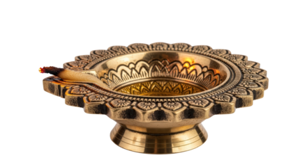 Ornate brass diya lamp for diwali celebration and spiritual rituals isolated on transparent background