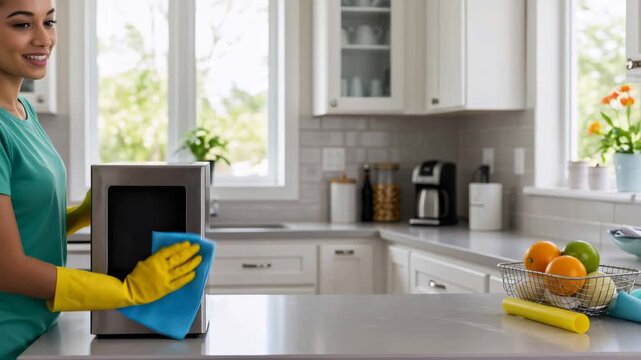 Young woman cleaning modern kitchen, wiping countertop and appliances for a spotless home cleaning service video