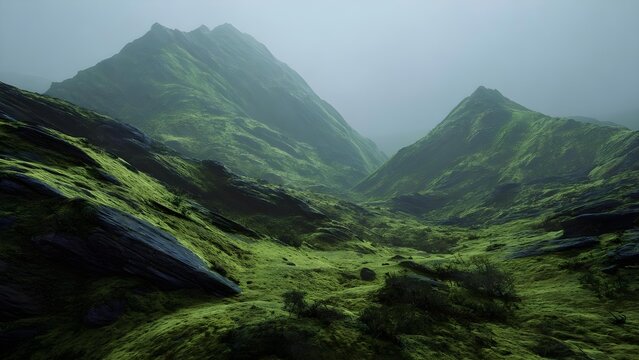 Green moss-covered valley between jagged mountains under a pale blue, misty sky. Concept Moss-covered valley, Jagged mountain silhouettes, Pale blue misty sky, Green alpine landscape