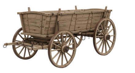 Antique wooden horse-drawn wagon with large spoke wheels and rustic texture isolated isolated on transparent background