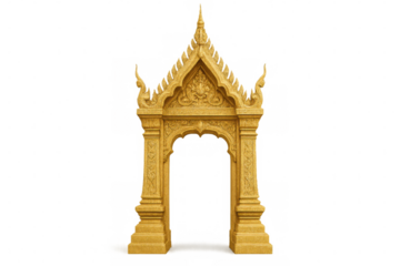 Golden thai architectural archway with ornate carvings, a traditional temple gate on transparent background