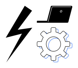 Black lightning bolt, laptop, and gear symbolizing energy, technology, creativity, and optimization. Ideal for innovation, efficiency technology workflow productivity teamwork and industry. Bold
