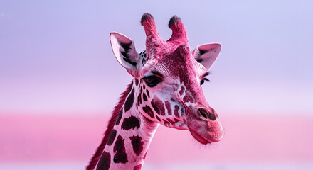 Close-up of a giraffe head in a playful mood with a pink background