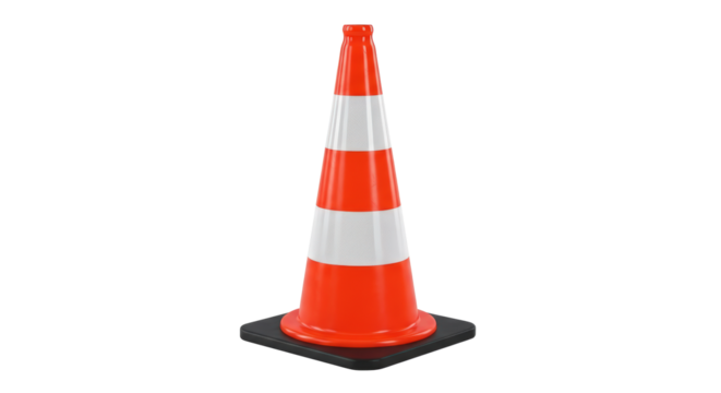 Bright orange traffic cone with white reflective bands isolated isolated on transparent background
