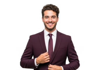 Professional smiling businessman in burgundy suit portrait, corporate headshot, business attire, isolated on transparent background