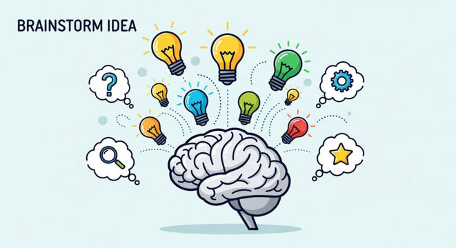 Brainstorm idea illustration with light bulbs and brain, representing creativity, innovation, and problemsolving in business and education