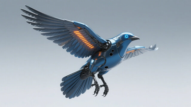 Metallic Blue Robotic Bird in Mid-Flight, Set Against a Soft Gradient Light Background &ndash; For Biomimetic Flight Tech, Avian Robotics & Futuristic Aerial Surveillance Visual Concepts