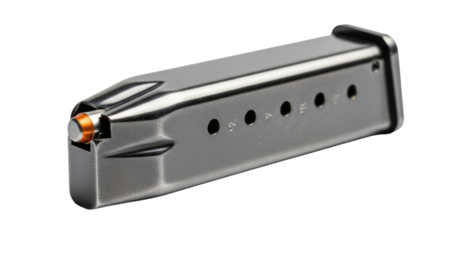 Close-up of a silver metallic gun magazine loaded with ammunition ready for action isolated on transparent background